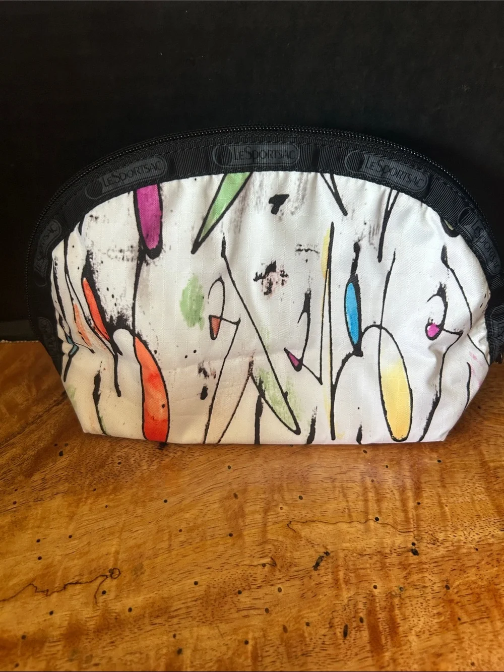 LeSportsac White Abstract Paint-Splash Cosmetic Pouch with Blue Accents